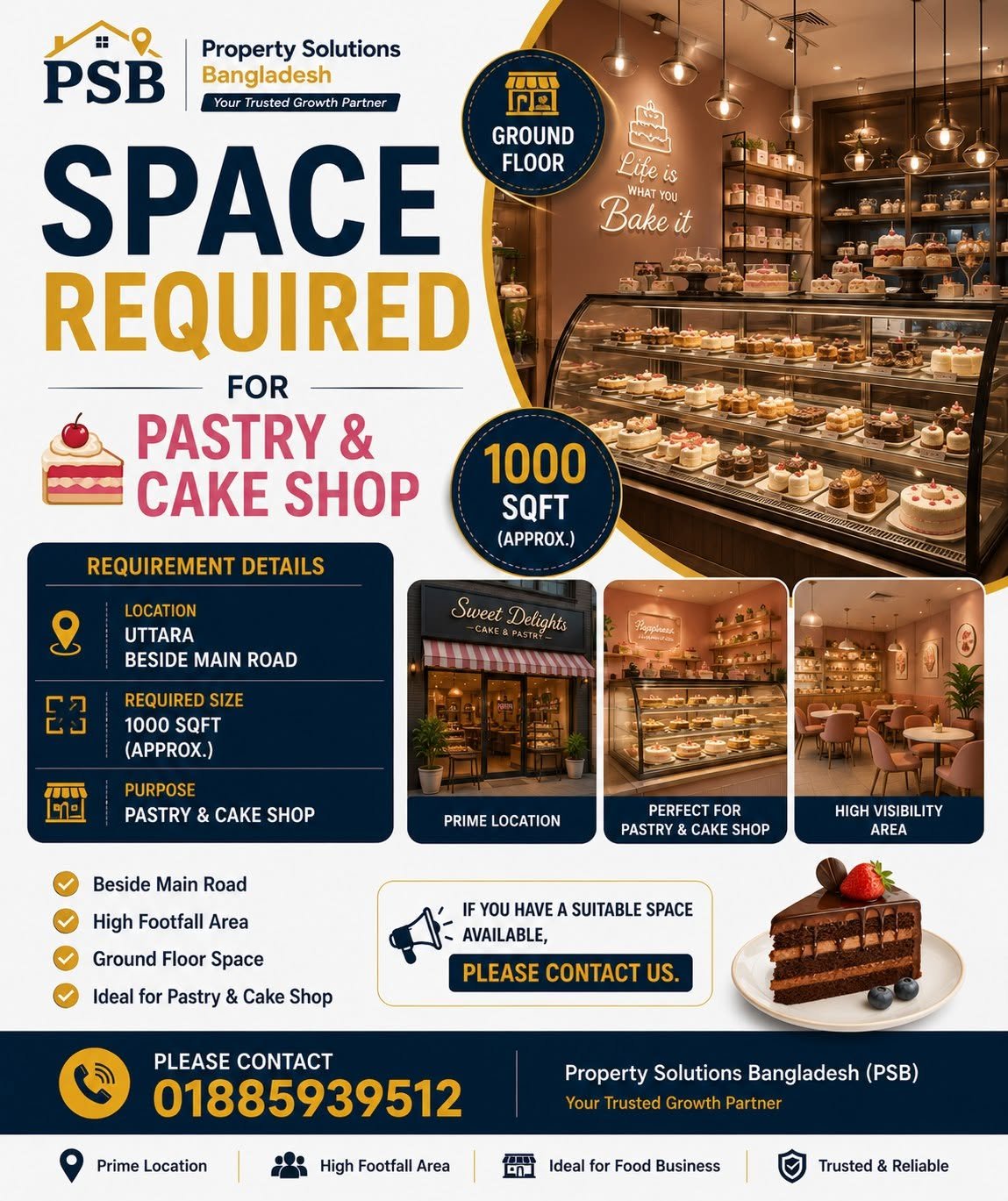 pc22 Pastry & Cake Shop | 1000 SFT | Ground Floor space in Uttara, beside the Main Road - Image 1